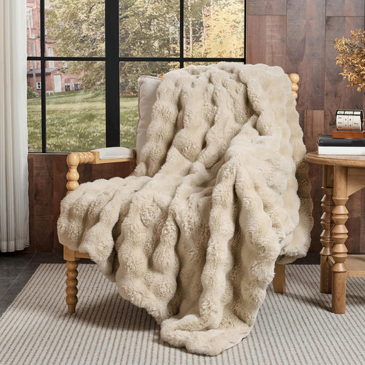 Lotus Karen Faux Fur Throw Blanket Linen - 800 GSM Bubble Rabbit Fluff Blanket for Couch Bed Sofa,Softest Fluffy Fuzzy Cozy Blanket,Thick Furry Plush Shaggy Warm Blankets for Women,108x90 Inches