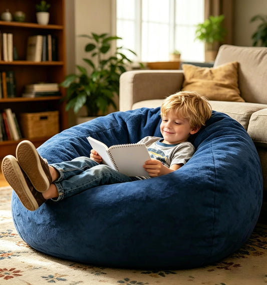 ENBAOHUI 3FT Faux Fur Comfy Memory Foam Bean Bag Chairs for Kids or Babies with Filling Bean Bag Sofa with Handle Super Soft Washable Faux Fur Fabric Lazy Sofa 3 Foot Dark Blue