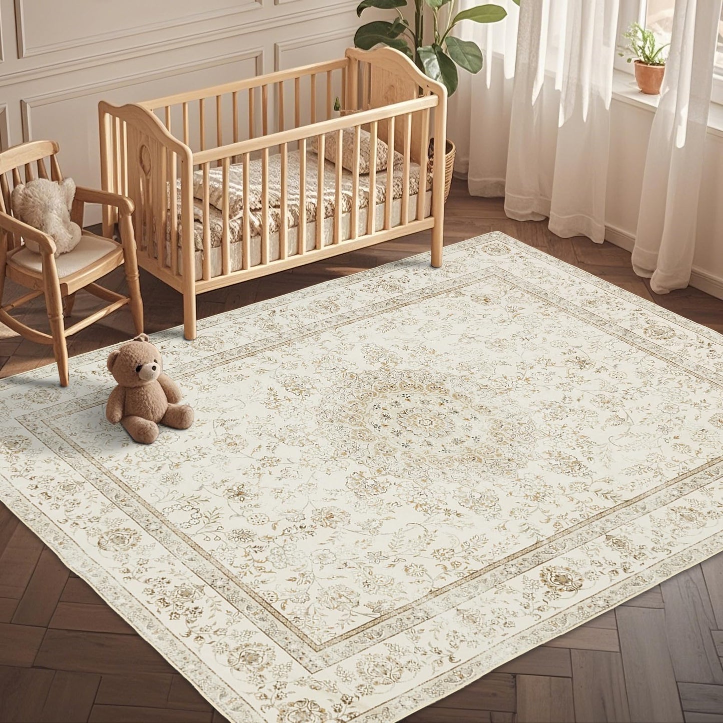 Farmhouse Washable Rug for Living Room: Boho 5x7 Area Rugs for Bedroom Soft Non Slip - Thin Stain Resistant Carpet for Dining Room Indoor - Cream Beige