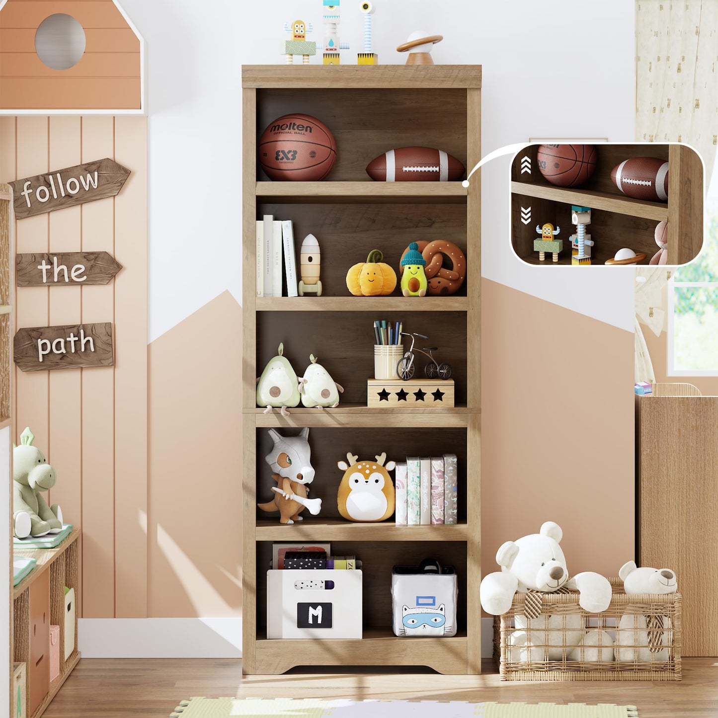 5 Tier Bookshelf, 69" Tall Farmhouse Bookcase - with Adjustable Shelves, Floor Standing Open Display Storage Rack with Anti-Slip Design for Home Office, Balcony, Library, Study / Living Room, Brown