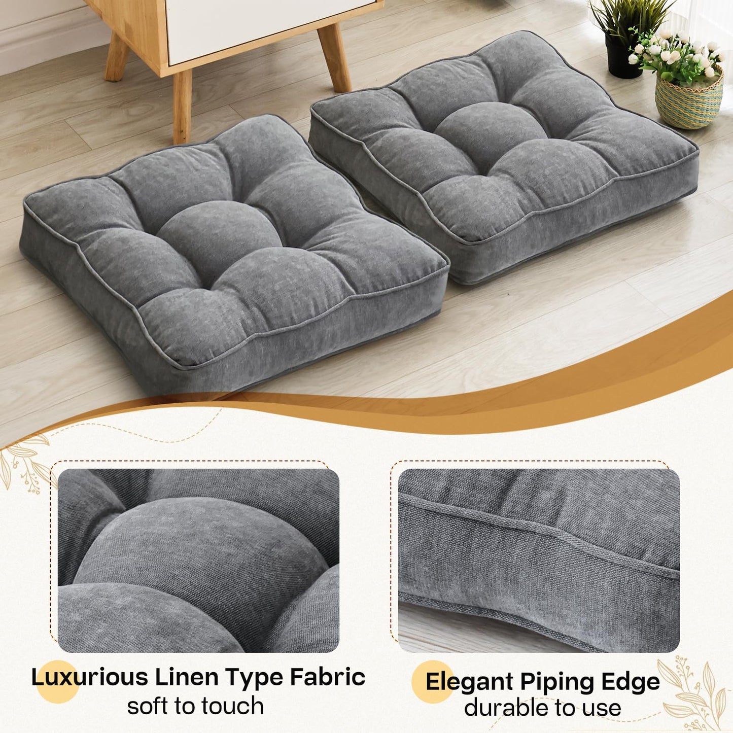 1 MIDDLE ONE Floor Pillow Set of 2, Memory Foam Floor Cushions for Adults, Large Meditation Pillow for Sitting, 22 x 22 Inches (Square | Grey)