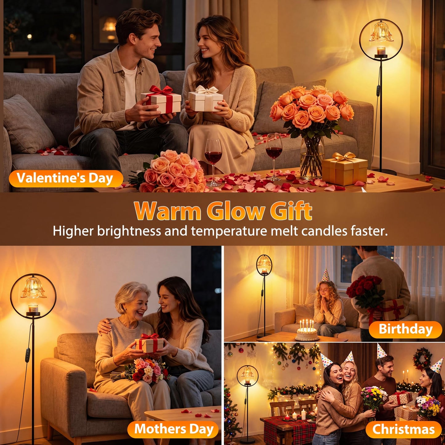 Candle Warmer Lamp with Timer & Dimmer, Black Candle Warmer Light for Jar Candles, Birthday Gifts for Women Mom Her, 50W Candle Floor Lamp for Wax Melt Warmer Modern Room Decor Light for Home(2 Bulbs)