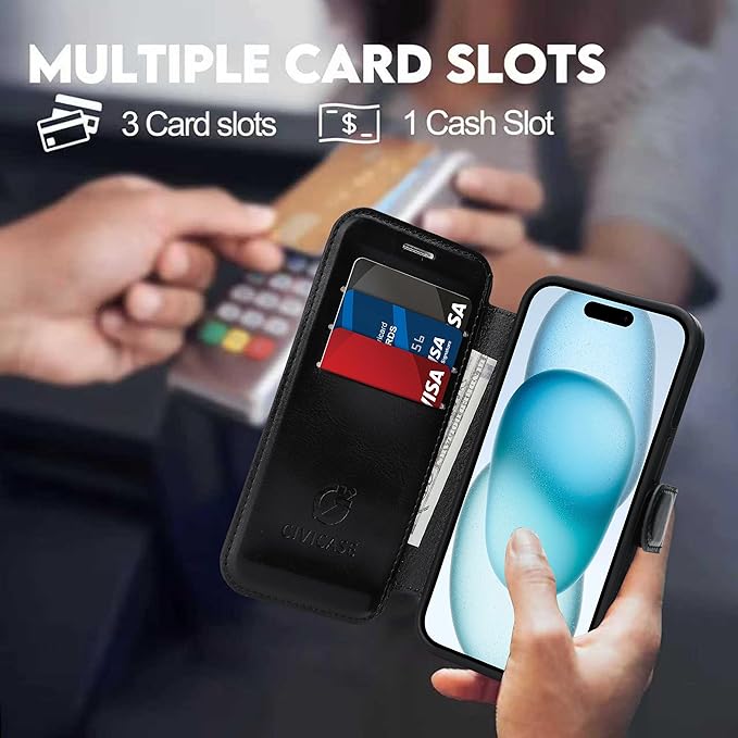 CIVICASE for iPhone 13/iPhone 14 Wallet Case with Stand,PU Leather Flip Credit Card Holder Slots (RFID Blocking),Compatible with Magsafe Magnetic Holder Phone Cover Women Men,Black