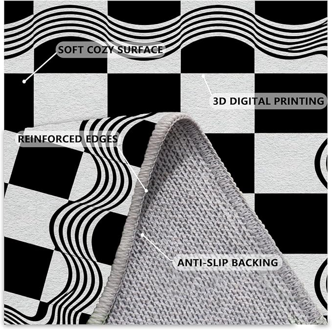 Checkered Rug 5x7, Checkerboard Rug, Geometric Plaid Washable Rugs, Modern Checkered Area Rugs, Wavy Line Carpet Non Slip for Bedroom Retro Home Decor Mat