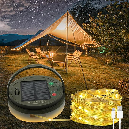 Solar Camping String Lights, 32.8 FT Fairy String Light, 4 in 1 Portable Waterproof Camp Lamp with 8 Lighting Modes, Hanging Rechargeable Tent Lantern for Christmas Decorations Patio Party Essentials