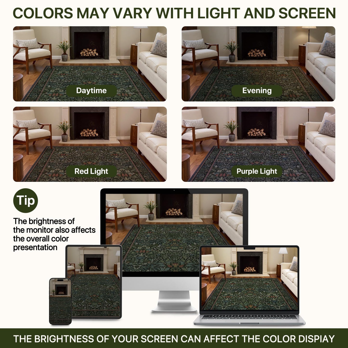 GENIMO Washable Rugs 5x7, Dark Green Rug Non Slip, Vintage Boho Floral Area Rug, Soft Low Pile Thin Carpet for Bedroom Living Room Nursery Dining Room, Dark Green