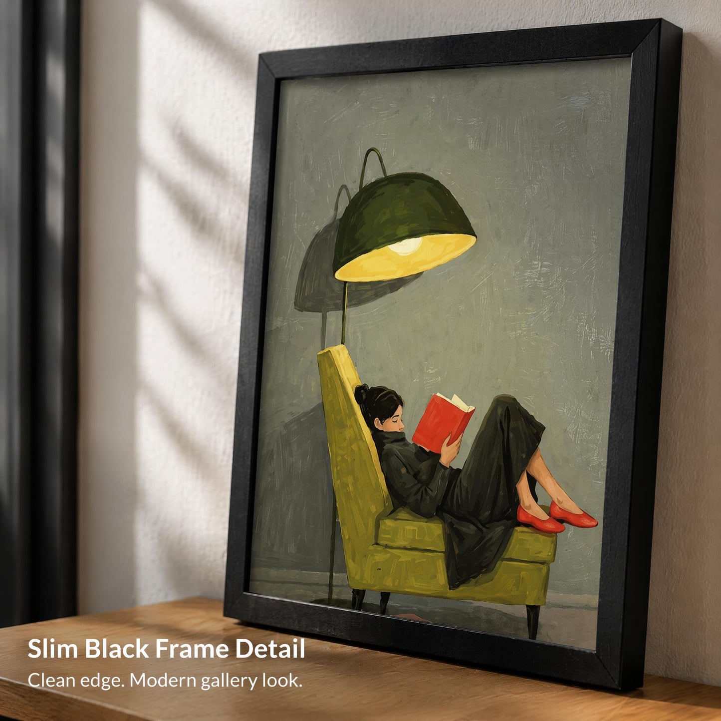 Framed Trendy Women Reading Book Wall Art Quiet Moment on The Sofa Art Prints Green Striped Painting Picture Modern Women's Minimalist Pictures Artwork for Living Room Bedroom Home office Wall Decor