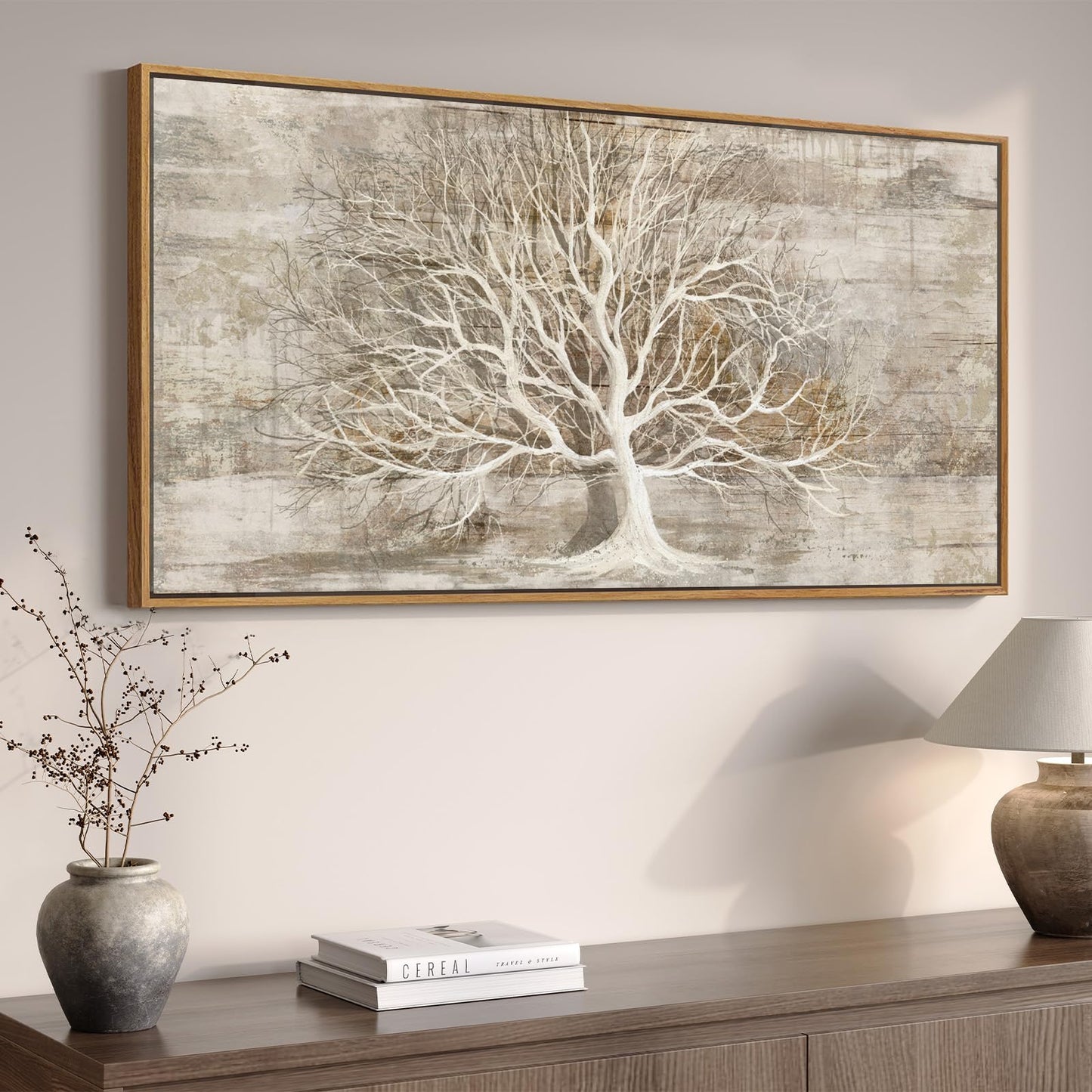 Large Framed Tree of Life Wall Art for Living Room, Rustic Farmhouse Abstract Tree Canvas Painting Print Artwork for Walls, Modern Neutral Forest Picture for Bedroom Office Wall Decor, 60x30 In
