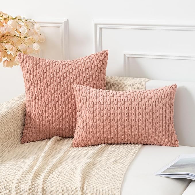 Kevin Textile Throw Pillow Covers Soft Corduroy Decorative Set of 2 Boho Striped Pillow Covers Pillowcases Valentines Day Farmhouse Home Decor for Couch Bed Sofa Living Room 26x26 Inch Baby Pink