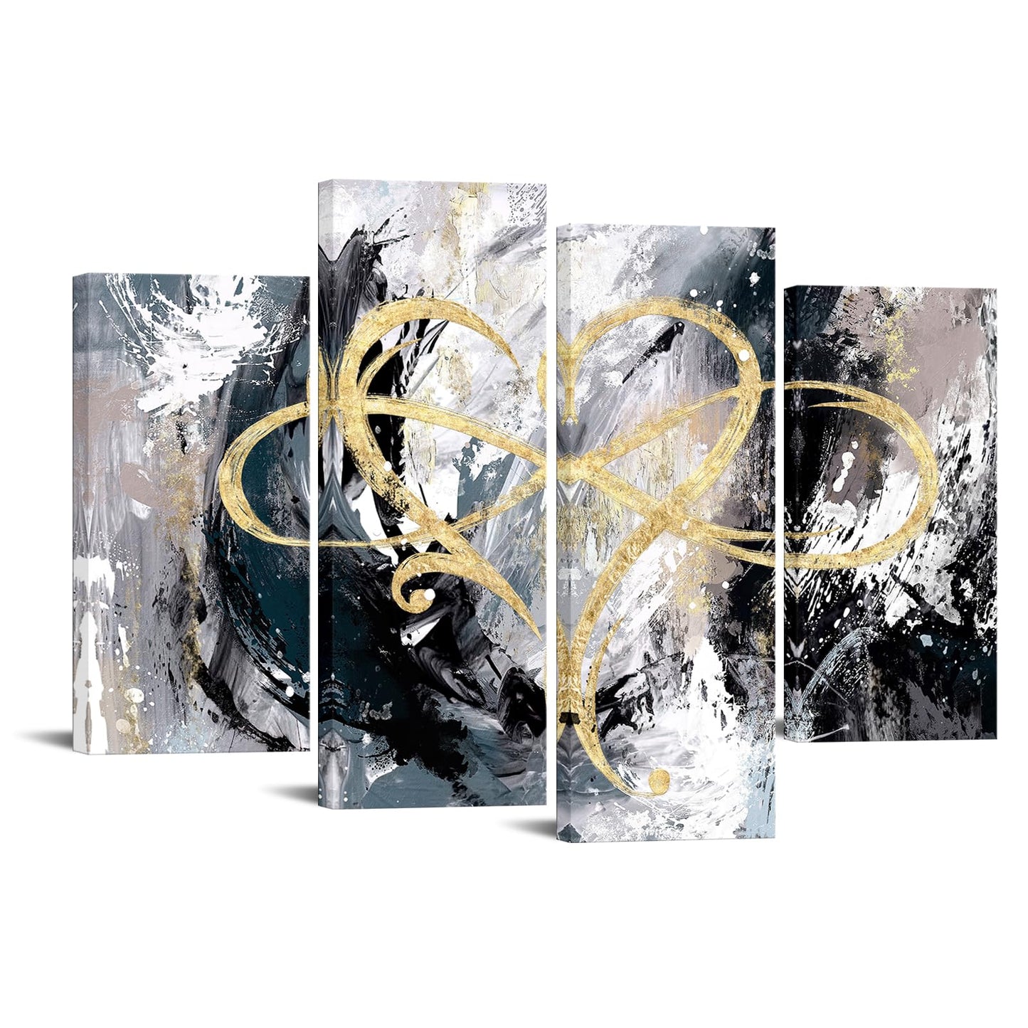 iHAPPYWALL 4 Panel Infinity Heart Canvas Wall Art Abstract Eternal Love Geometric Grey and Gold Picture Artwork for Bedroom Living Room Home Decor Ready to Hang (Grey)