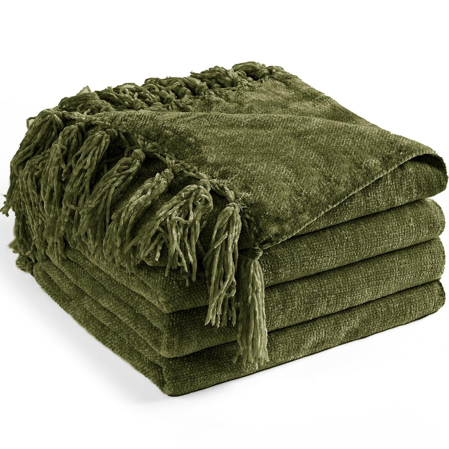 LONG CREATE Chenille Throw Blanket for Couch 50"X 60", Soft Cozy Throws with Fringe Tassel for Bed Sofa Chair Cover, Lightweight Knitted Decorative Boho Blankets for Living Room, Olive Green