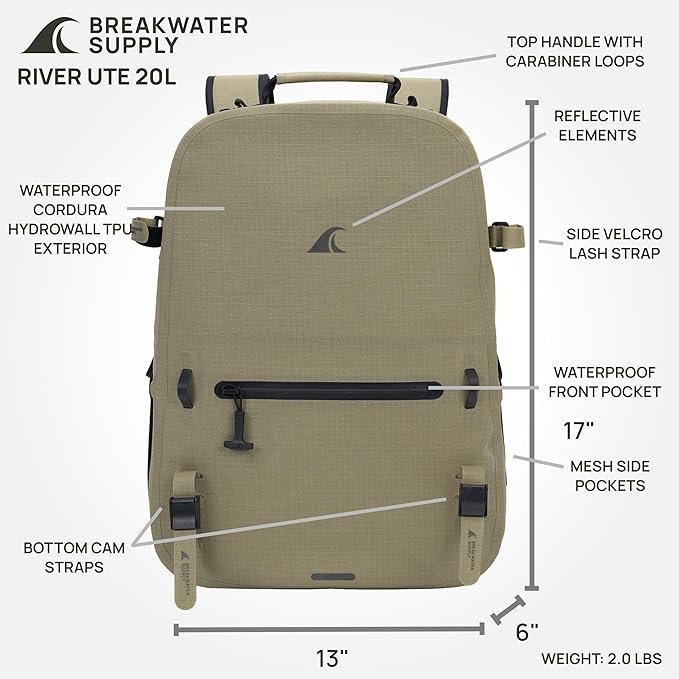 Breakwater Supply™ River Ute Waterproof IP68 Hunting Backpack, Floating TPU Submersible Dry Bag with Padded Hip Belt and Airtight Zippers | 20L (River Ute 20L CORDURA Safari Tan)