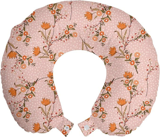 Ambesonne Floral Travel Pillow Neck Rest, Pastel Romantic Colored Wild Flowers Drawing on Polka Dotted Backdrop, Memory Foam Traveling Accessory for Airplane and Car, 12", Blush Camel