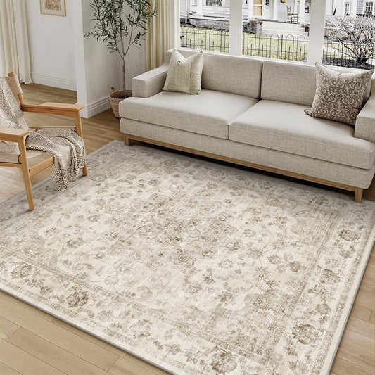 WondRg 5x7 Washable Neutral Area Rug Beige Vintage Living Room Bedroom Carpet Non-Slip Soft Low Pile Farmhouse Indoor Throw Rug for Dining Room Entryway Office