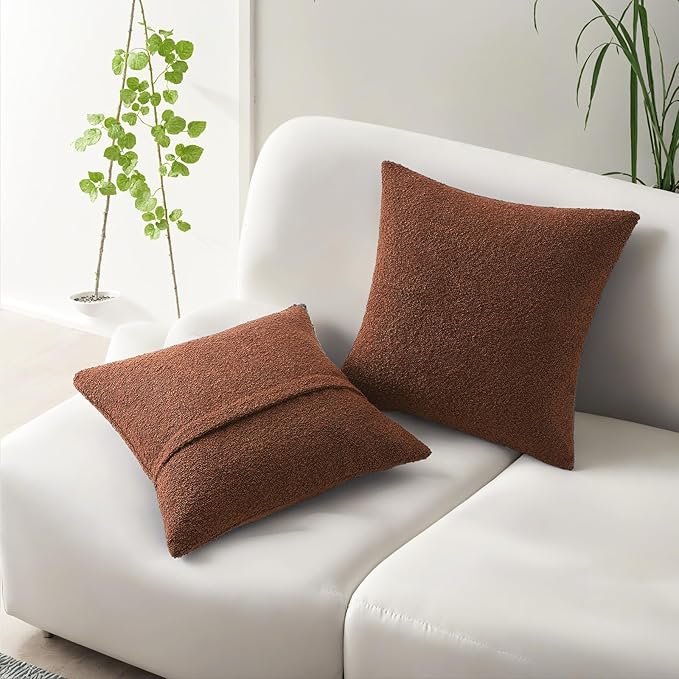 HAUSSY Set of 2 18x18 Decorative Throw Pillow Covers, Soft Cozy Textured Boucle Couch Cases, Home Decor for Couch Bed Living Room, Rust