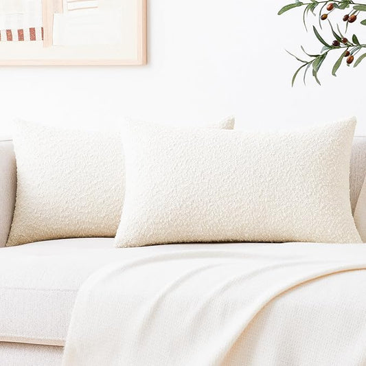Mixhug Decorative Boucle Throw Pillow Covers, Cream, 12 x 20 Inches, Pack of 2 - Textured Boho Pillow Covers for Couch and Bed