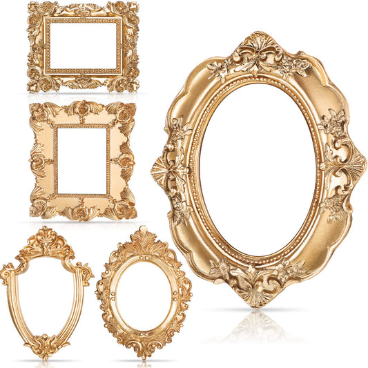 Yalikop 5 Pcs 4.9 x 4 Small Vintage Gold Frames for Craft DIY Decoration, Mini Ornate Resin Photo Frames Bulk for Refrigerator Wedding Christmas Jewelry Display Photo Holiday Party Invitation