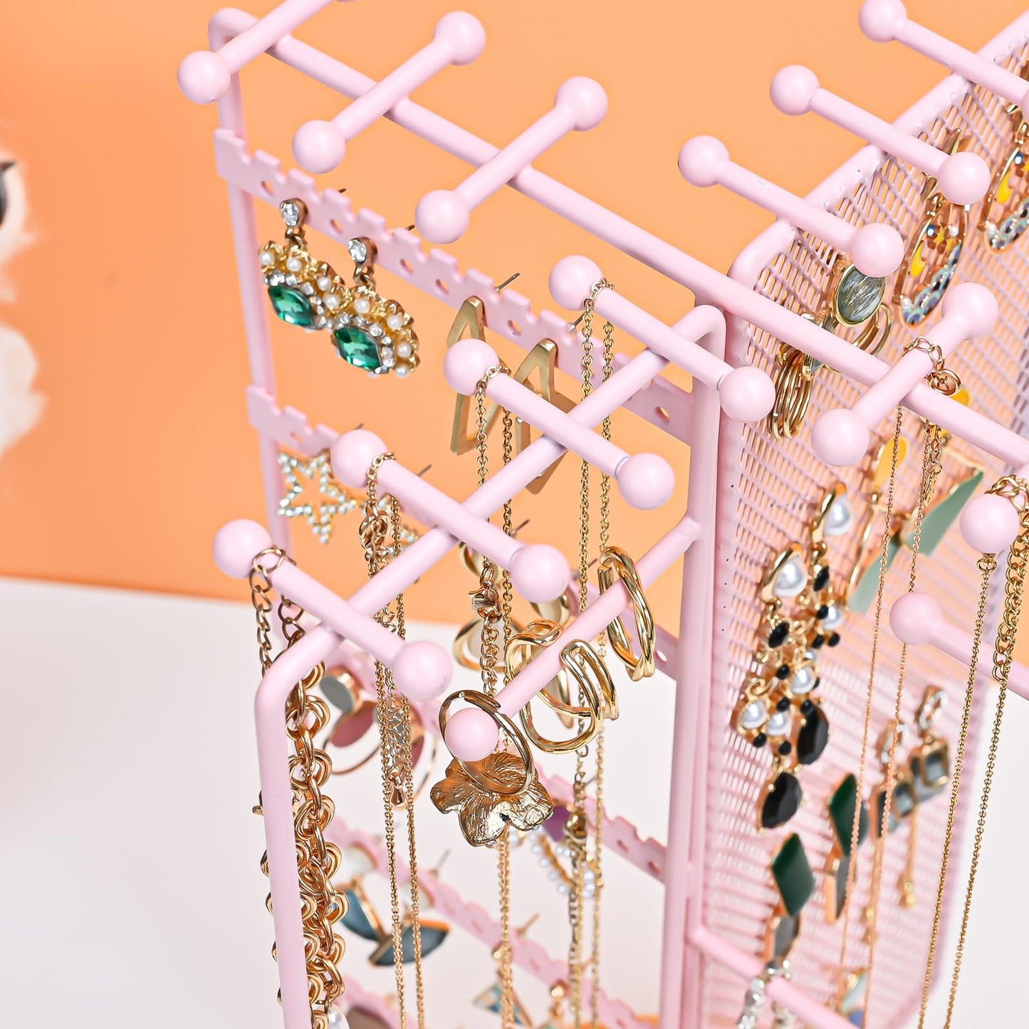 ProCase Rotating Jewelry Organizer Stand Earring Holder Organizer with 28 Necklace Hooks, Jewelry Tree Earring Stand Tower Storage Rack Bracelet Holder, Holds More than 100 Pairs Earrings -Pink