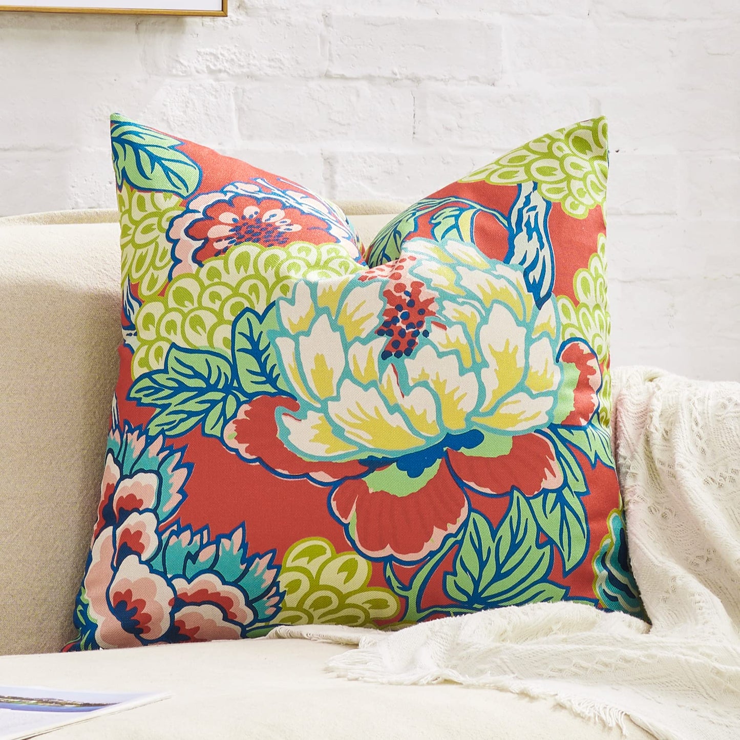 BLESFEST Pack of 2, Chinoiserie Pillow Cover 18 x 18 Inch Peony Floral Pillow Covers Linen Flower Throw Pillow Covers Farmhouse Pillowcase Cushion Covers for Sofa Couch Living Room Pink