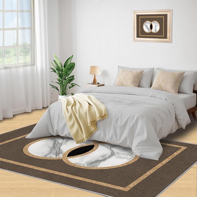 Brown Marble Bedroom Rug Vintage Mid-Century Geometric Rug Marble Pattern Decor Rugs Circle Rectangle Gilded Geometry Floor Mat Elegant Decor for Living Room 6x9ft