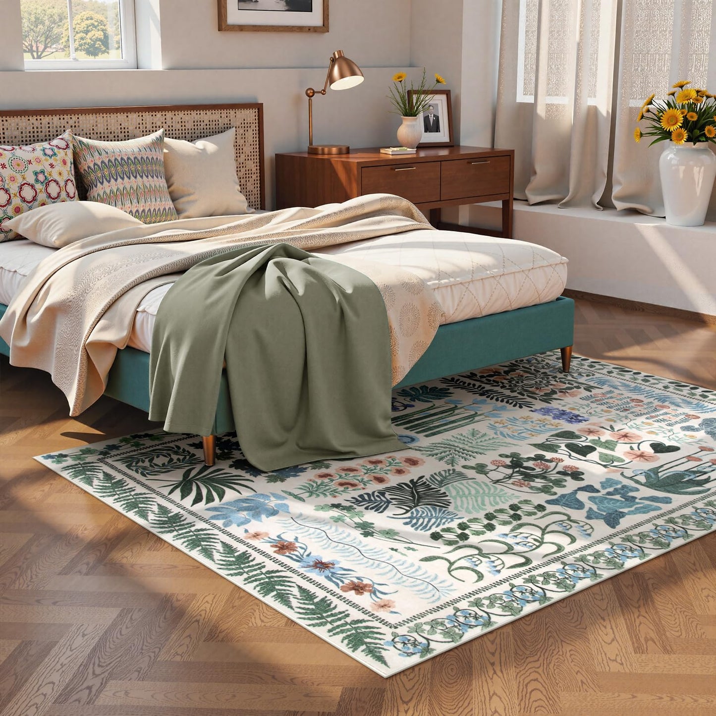 Zealude Floral Boho 5x7 Area Rugs for Bedroom Living Room, Botanical Soft Dining Room Rug, Large Non Slip Stain Resistant Indoor Throw Carpet for Entryway Kitchen Office Playroom (Beige,5 x 7)