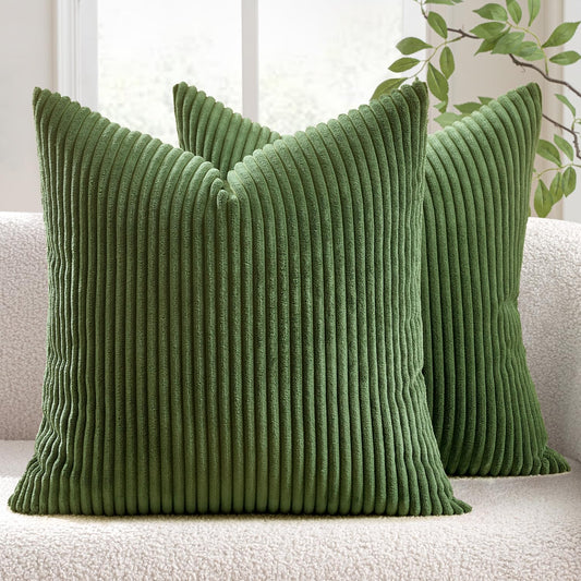 MIULEE Decorative Corduroy Pillow Covers Soft Solid Pack of 2 Cushion Cases Boho Square Throw Pillow Covers Moss Green Pillowcases for Couch Chair Sofa Bed Living Room Home Decor 18 x 18 Inch