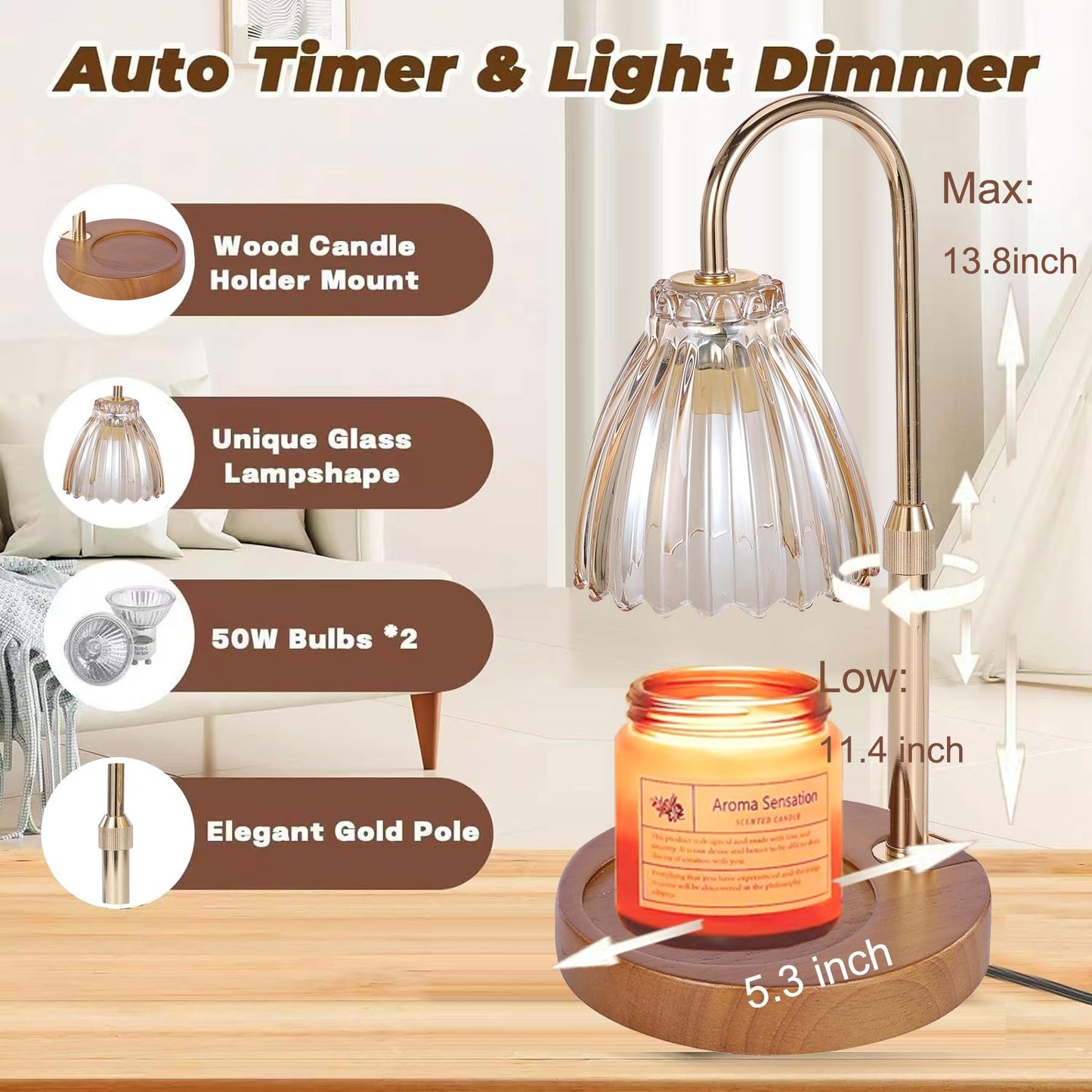 Candle Warmer Lamp with Timer Dimmer,Height Adjustable No Flame Candles Warming Light,Birthday Gifts for Women,New Home Room Decor,Wax Melt Warmer for Scented Jar Candles(2 * 50W Bulb) (1 Pack-F)