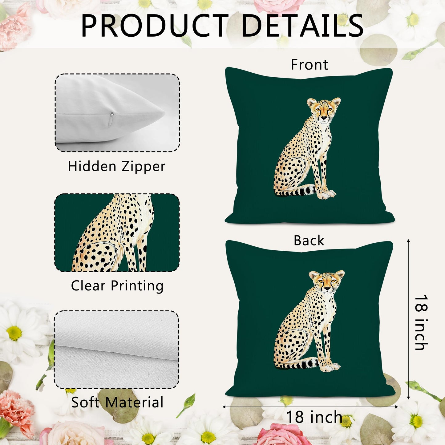 SYLLHRZGB Preppy Cheetah Leopard Throw Pillow Covers 18x18 Set of 2, Dark Hunter Emerald Green Funky Decor Decorative Pillow Cover Cases, Trendy Decor Cushion Cover Pillowcases for Couch Living Room