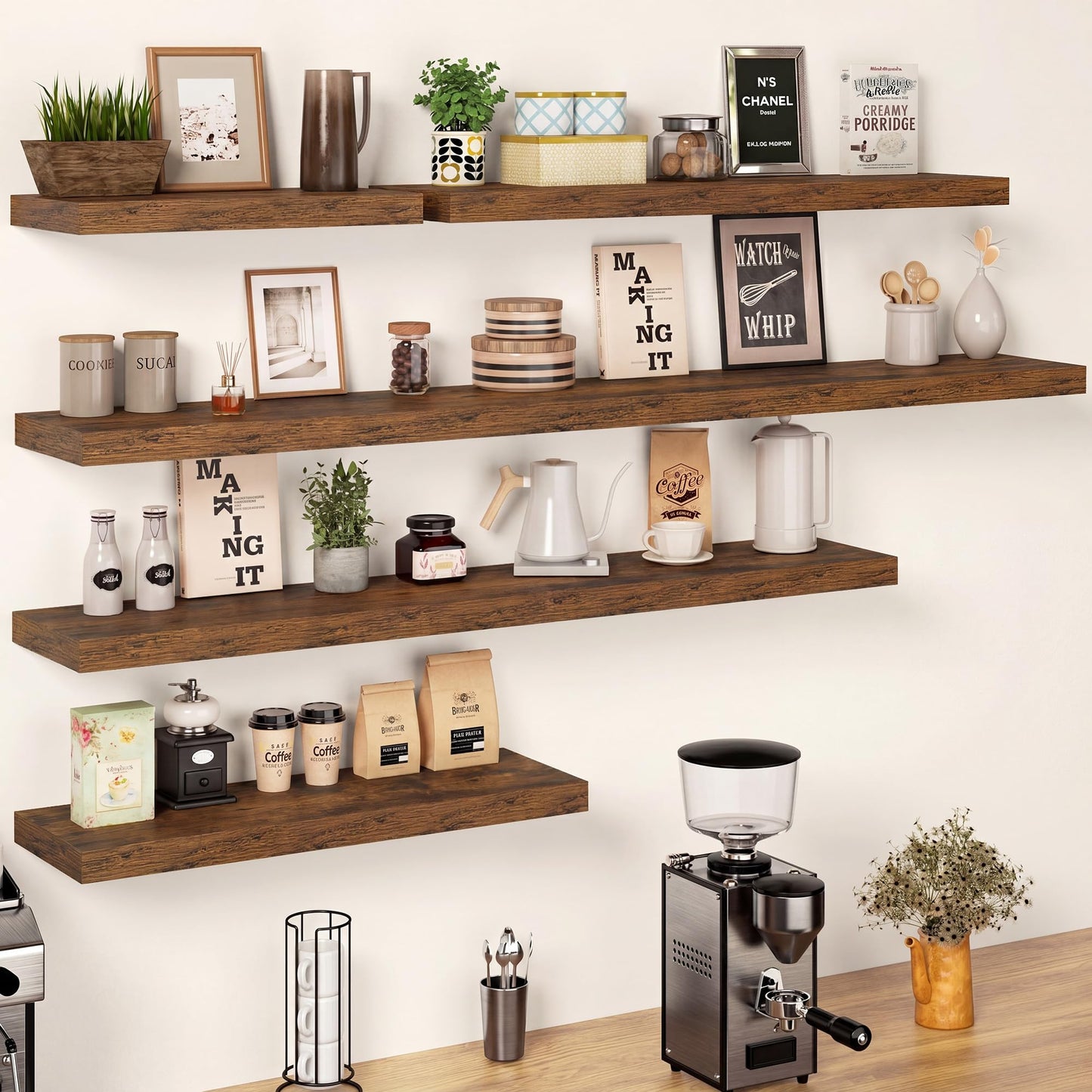 Feihorrm 55 Inch Floating Shelves, 12 Inch Deep Floating Shelves for Wall, Extra Deeper & Thicker Wooden Wall Shelf with Invisible Brackets, Shelf for Bedroom Home Decor（Rustic Brown, Set of 2）