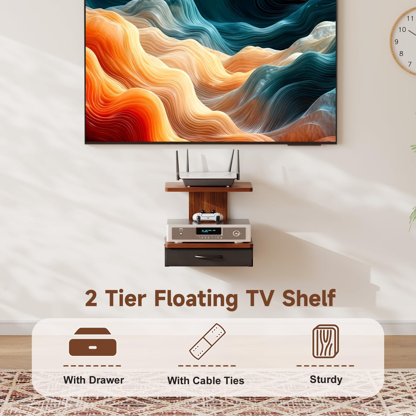 Floating TV Wall Shelf With Drawer, 2-Tier Projector Shelf Holds Up To 22Lbs, Wooden Wall Mounted Shelves For Projector/DVD Player/Game Console/Cable Box/Living Room Decor Accessories, Walnut Brown