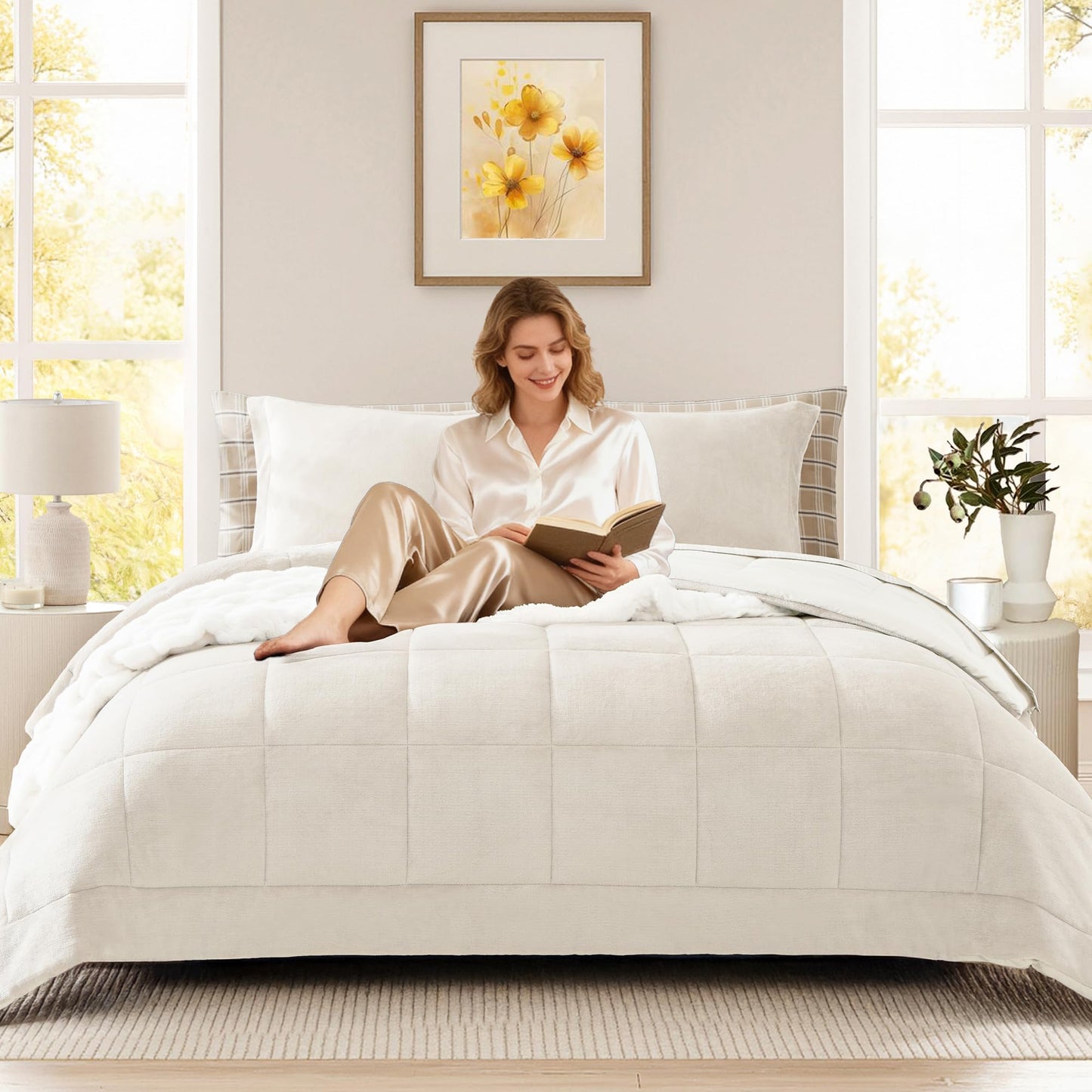 AMBERSPACE Plush Comforter Set Full Size Cream White, Flannel Velvet Comforter Sets 7 Pieces Bed in a Bag, Soft Warm Winter Bedding Set with Sheets, Pillowcases & Shams