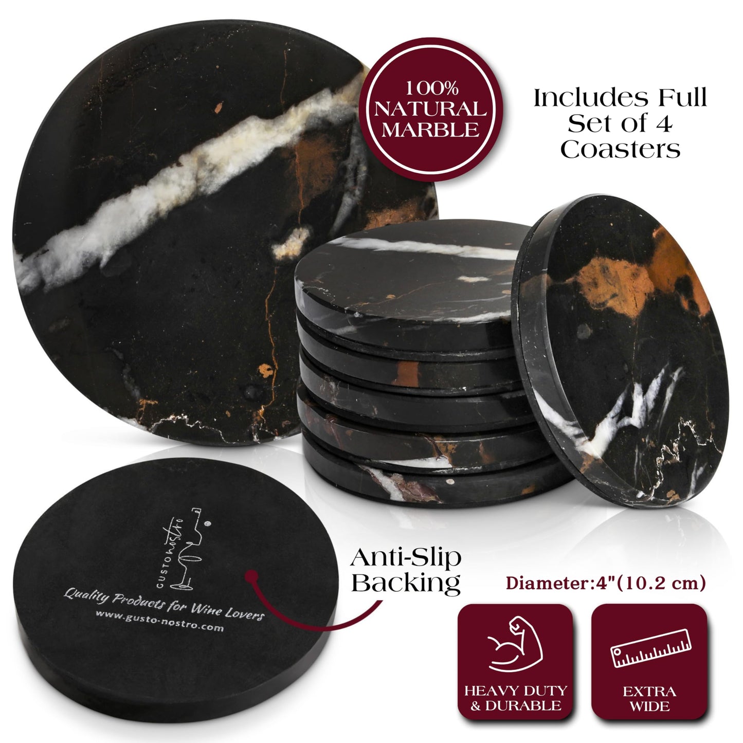 Gusto Nostro Black Marble Coasters Set of 4 - Luxury Natural Stone Coasters for Drinks - Genuine Marble Kitchen Accessories, Round Artisanal Stone Coaster for Kitchen Counter, Coffee Table, Home Decor