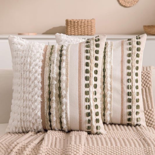 KOOLIFE Boho Chenille Tufted Couch Throw Pillow Covers 18x18 Inch Set of 2 Farmhouse Striped Decorative Pillow Covers Accent Neutral Square Pillowcase Green Cushion Covers for Livingroom Sofa Bed