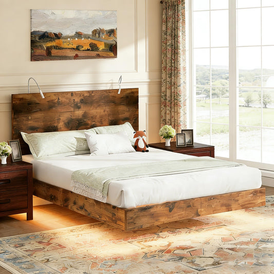 BarnFurin Floating Bed Frame Full with Led Lights, Wooden Bed Frame with Reading Light Headboard, Heavy Duty Metal Slats, No Box Spring Needed, Easy Assembly, Rustic Brown