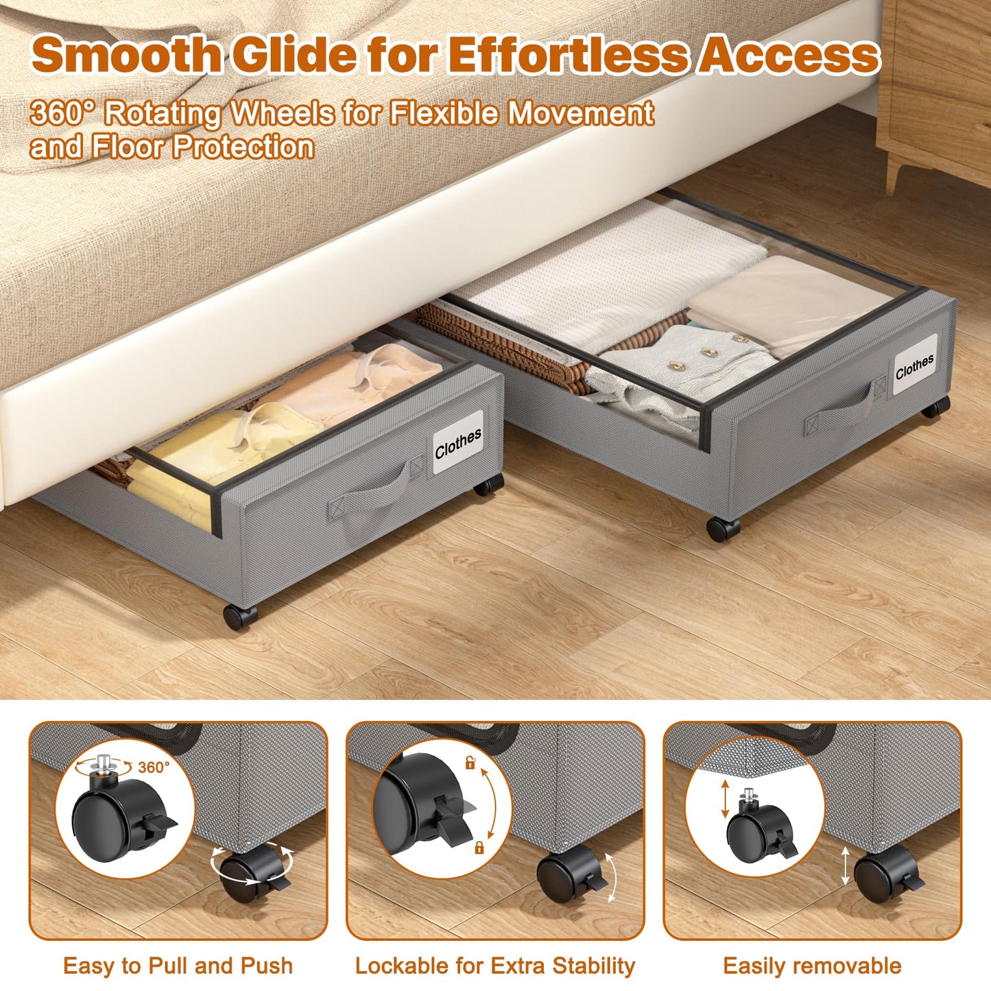 GoFujuco Under Bed Storage with Wheels,XXL 60L Under Bed Storage Containers with Clear Lids, Rolling Under Bed Metal Drawer for Clothes, Shoes,Toys(Gray, 2 Pack)