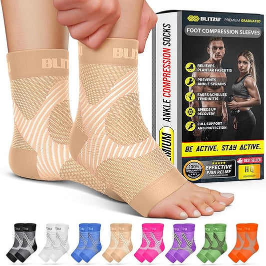 BLITZU Compression Socks for Plantar Fasciitis, Achilles Tendonitis, Arthritis Relief, Ankle Brace Compression Sleeve with Foot Arch Support, Ankle Wrap for Women, Men, Swelling & Heel Pain Nude L-XL