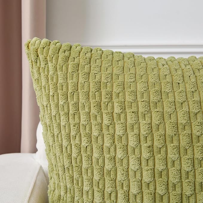 Kevin Textile Spring Decorative Pillow Covers Set of 2 Striped Plush Corduroy Pillows Pillowcases Boho Home Decor Cushion Covers for Couch Sofa Bed Living Room 18x18 Inch, Grass Green