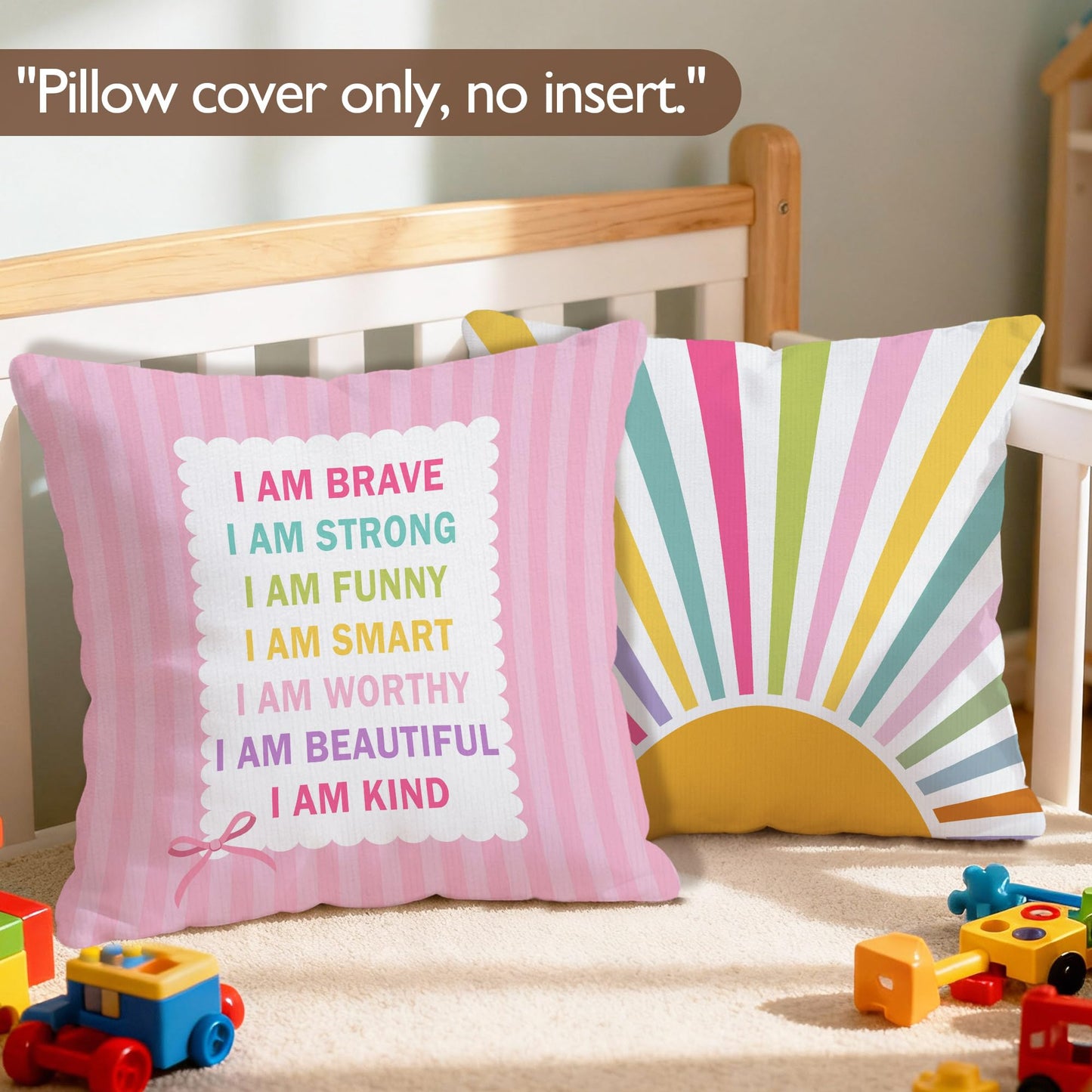 Lengues Funny Boho Nursery Pillow Covers 18x18 inches, Kids Playroom Decor Throw Pillow Covers, Inspirational Alphabet Sunshine Decorative Pillowcases for Kids Girls Room Bedroom Couch, Set of 4