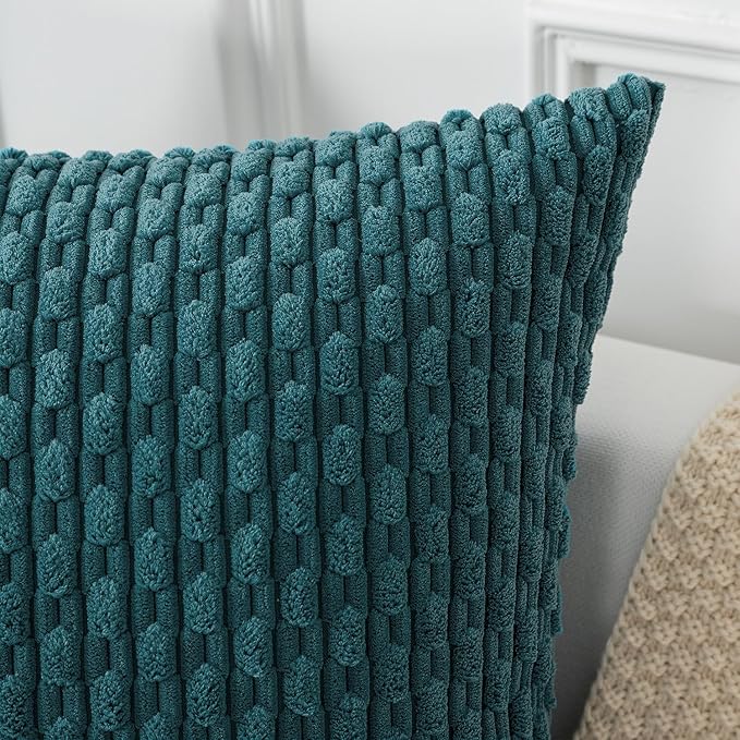 Kevin Textile Throw Pillow Covers Soft Corduroy Decorative Set of 2 Boho Striped Pillow Covers Pillowcases Farmhouse Home Decor for Couch Bed Sofa Living Room 26x26 Inch Teal Blue