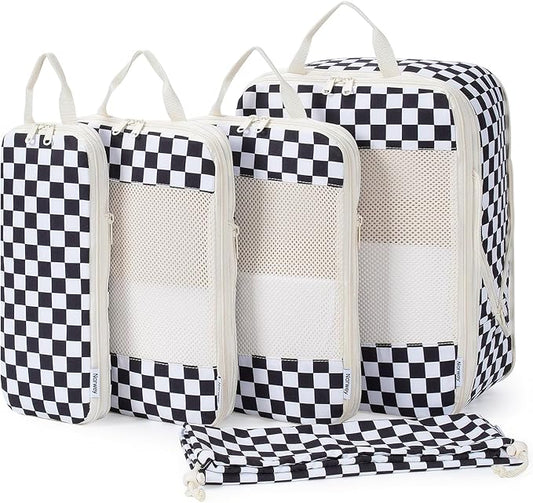 Narwey 5 Set Compression Packing Cubes for Travel, Luggage Packing Organizer Bags for Carry on Suitcase, Expandable Checkered Storage Bags with Laundry & Handle (Black Checkerboard)