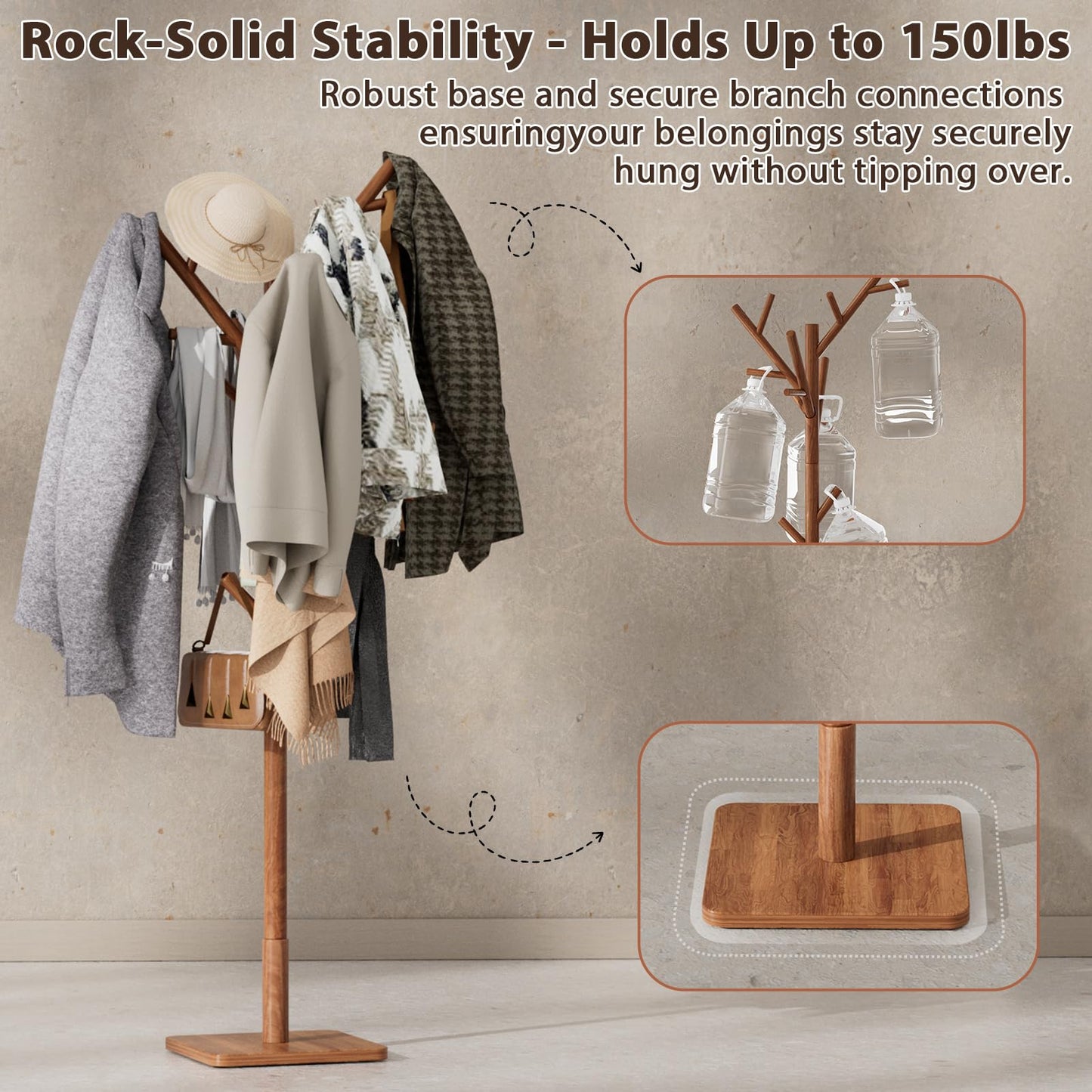 Olpchee Solid Wood Coat Rack - Freestanding Coat Hat Rack Stand with 14 Hooks, Clothes Rack Heavy Duty Space Saving Entryway Coat Tree Hanger Rack for Coats Jackets Hats Bags, Adjustable Height