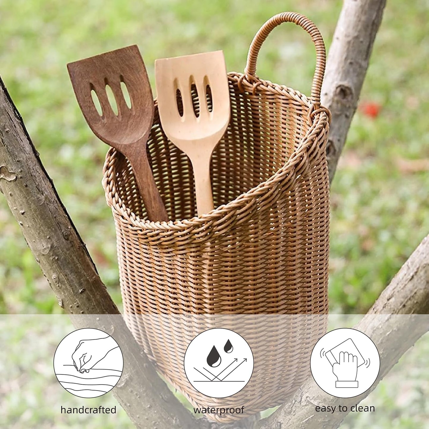 Woven Hanging Wicker Basket for Door, Handmade Rattan Hanging Wall Baskets for Garden Farmhouse Home (Brown)
