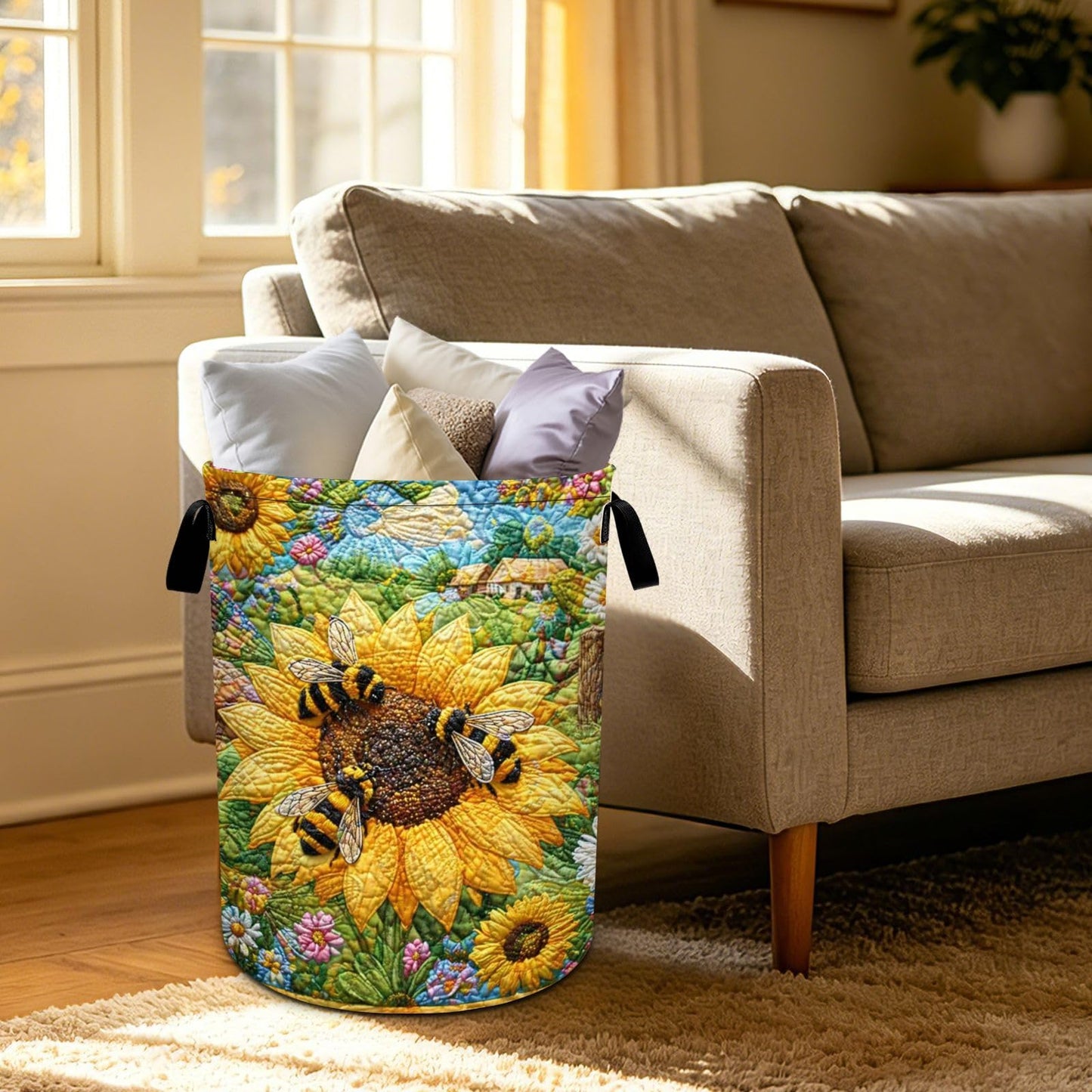 Bee Sunflowers Laundry Basket Foldable Oxford Laundry Hamper With Handle For Room Bathroom Bedroom