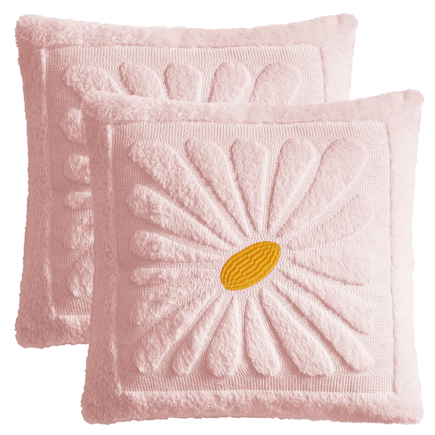 EMEMA Set of 2 Spring Summer Sunflower Floral Pillow Covers, Plush Faux Fur Decorative 18x18 Cushion Cases Adding a Soft, Bright Seasonal Accent to Sofa Couch Bed Modern Farmhouse Living Room, Pink