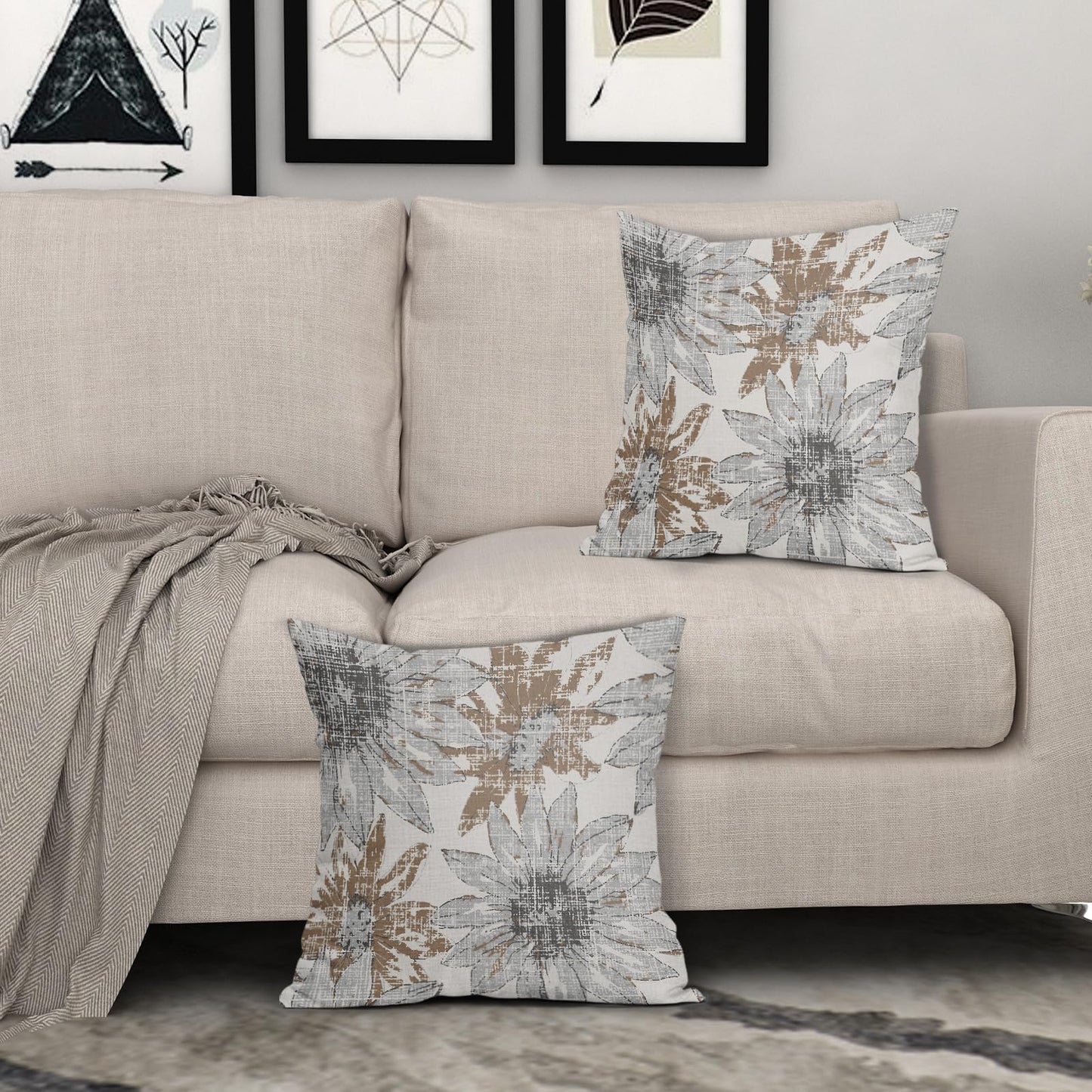 Sweetshow Brown Grey Gray Pillow Covers 18x18 Set of 2 Retro Sunflower Flowers Print Decorative Throw Pillows Outdoor Modern Art Floral Pillowcase Square Linen Cushion Case for Home Sofa Couch Bed