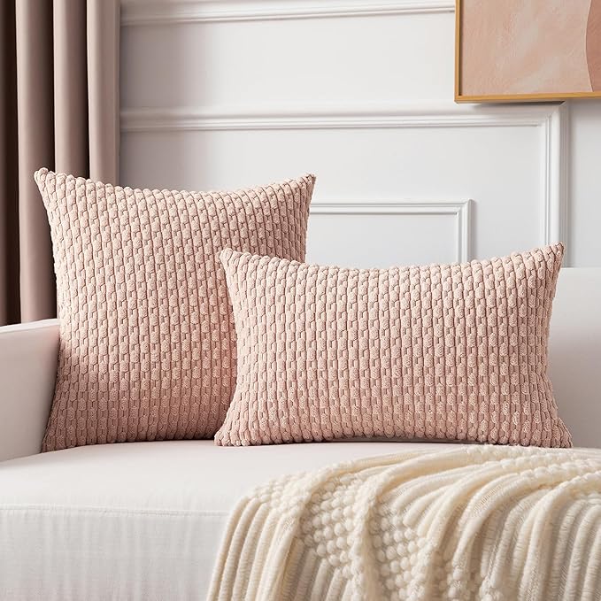 Kevin Textile Valentines Day Corduroy Decorative Throw Pillow Covers 20x20 Inch Pack of 2 Soft Boho Striped Pillow Covers Modern Home Decor Gifts for Spring Sofa Living Room Couch Bed Light Pink