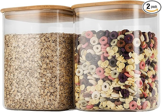 D2scrma 122oz Airtight Glass Square Storage Canister with Bamboo Lid Set of 2(3600ml*2) Large Storage Container Gallon Glass Jars, for Sugar, Flour, and Coffee bean (with Black Lable)