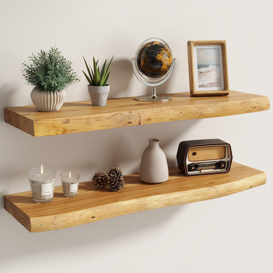 Fun Memories Solid Elm Wood Live Edge Floating Shelves for Wall, 30 x 8 Inch Rustic Wall Shelves Set of 2 with Invisible Brackets for Living Room Bedroom Kitchen, Natural