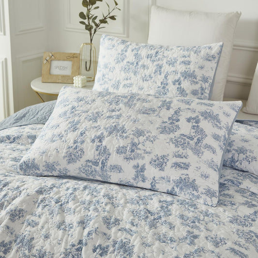 Brandream Quilted Pillow Shams Set of 2 Standard Size Cotton Pillow Cases Toile Bedding Blue and White Decorative Pillow Covers