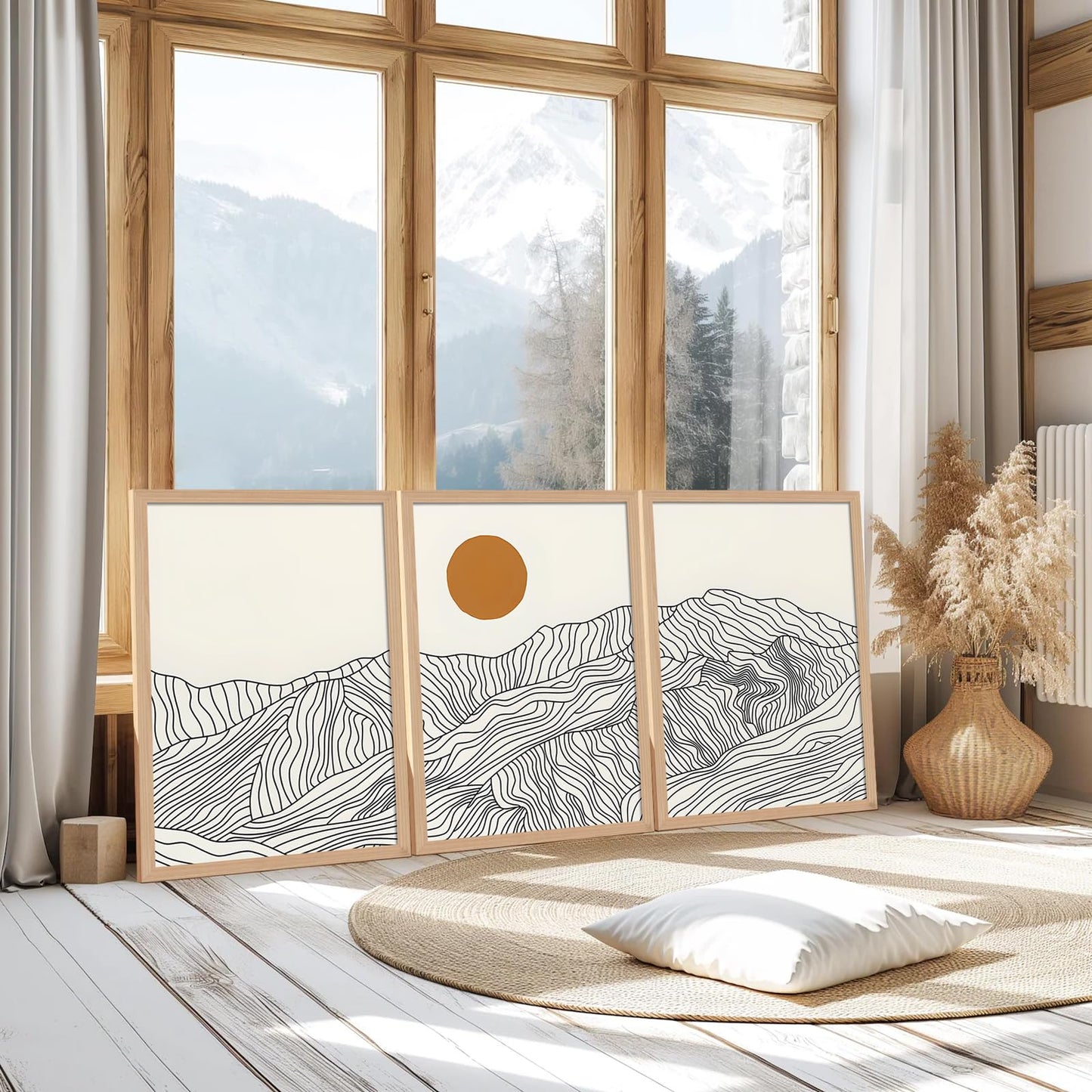 soonkiss Abstract Boho Sun Wave Line Mountain Landscape Wall Art Set of 3, Minimalist Beige Geometric Line Drawing Triptych with Light Wooden Frame for Living Room Bedroom 12x16 Inches